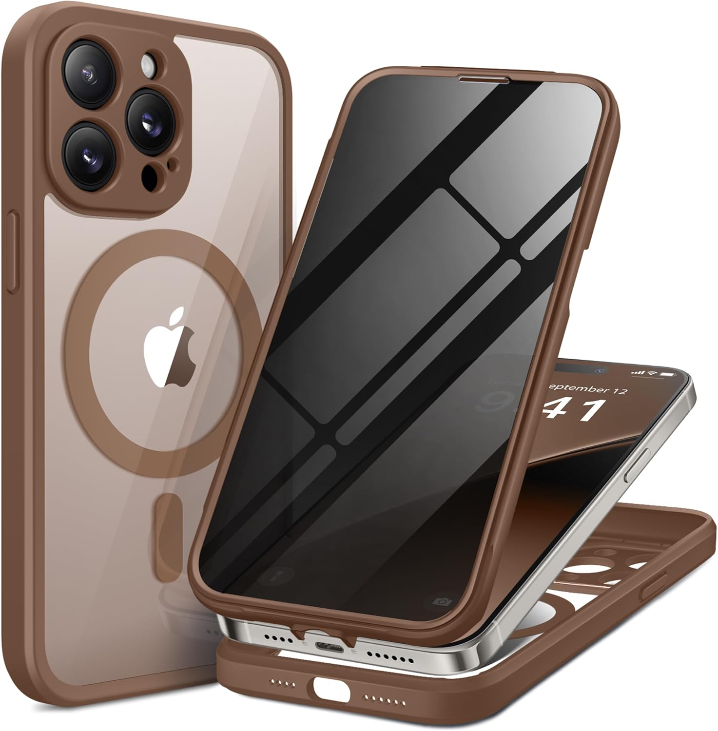 iPhone 14 Pro Max Magnetic Case with Privacy Screen Protector Brown