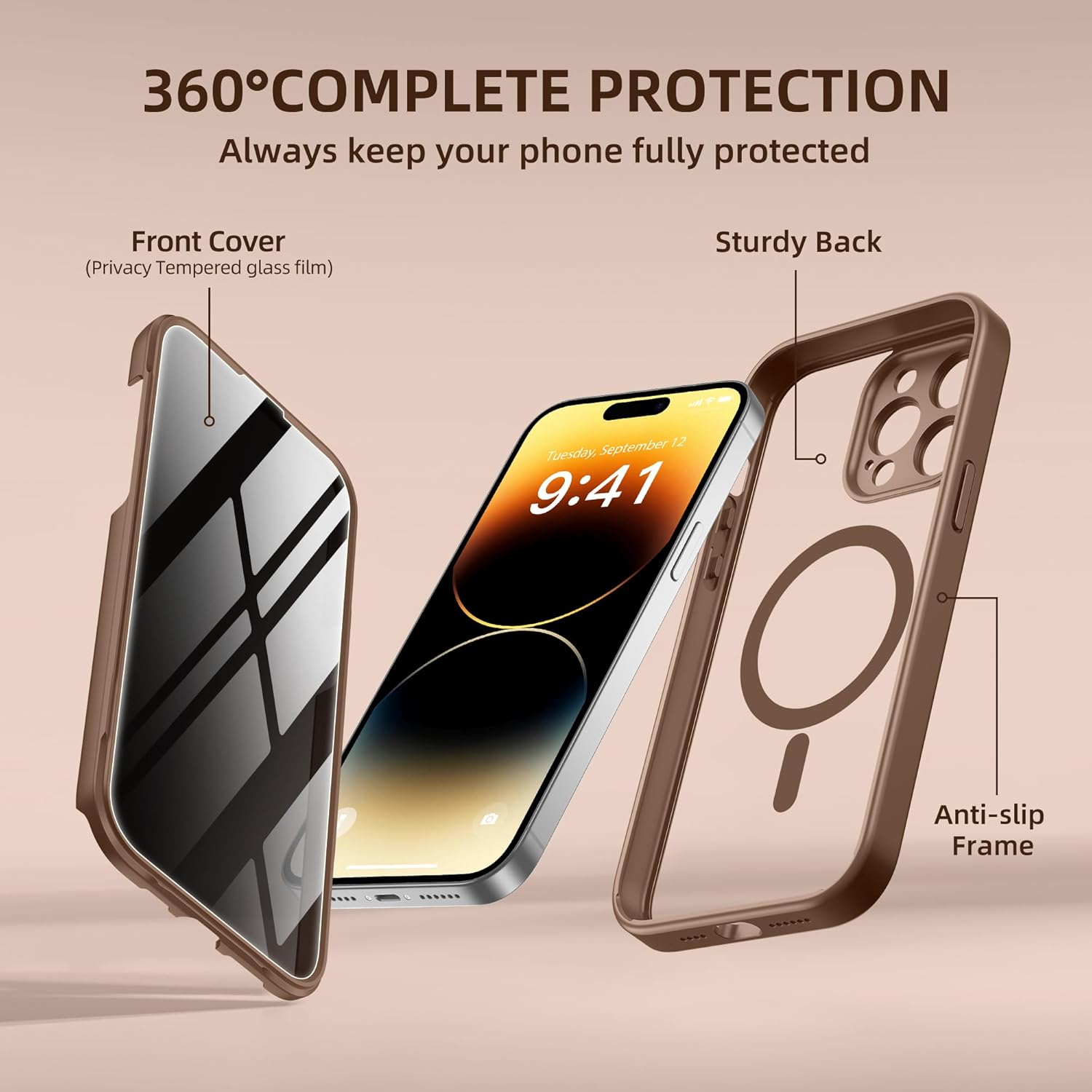 iPhone 14 Pro Max Magnetic Case with Privacy Screen Protector Brown