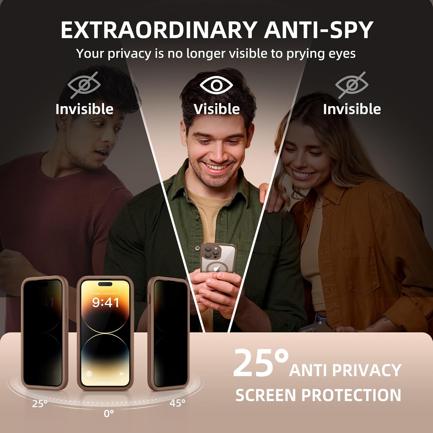 iPhone 14 Pro Max Magnetic Case with Privacy Screen Protector Brown